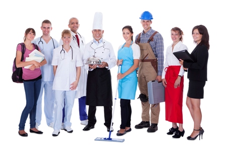  Bild von einer Personengruppe in verschiedenen typischen Arbeitsbekleidungen